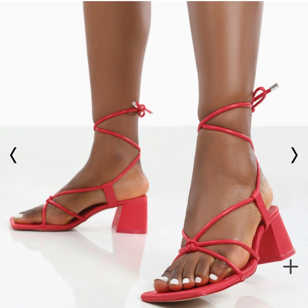ALOHA RED LACE UP BLOCK MID HEELED SANDALS
